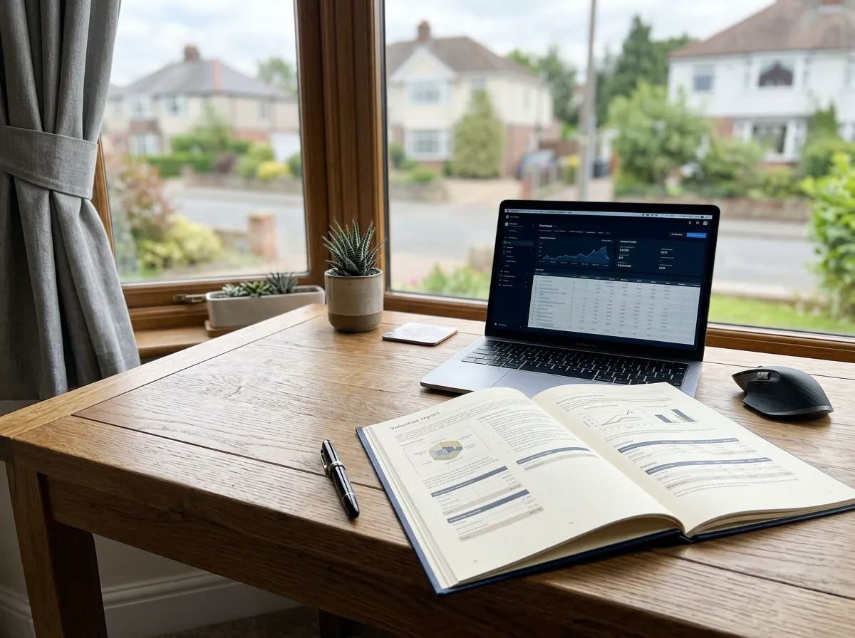 Rapport immobilier ouvert sur une table avec notes stratégiques Rapport immobilier ouvert sur une table avec notes stratégiques