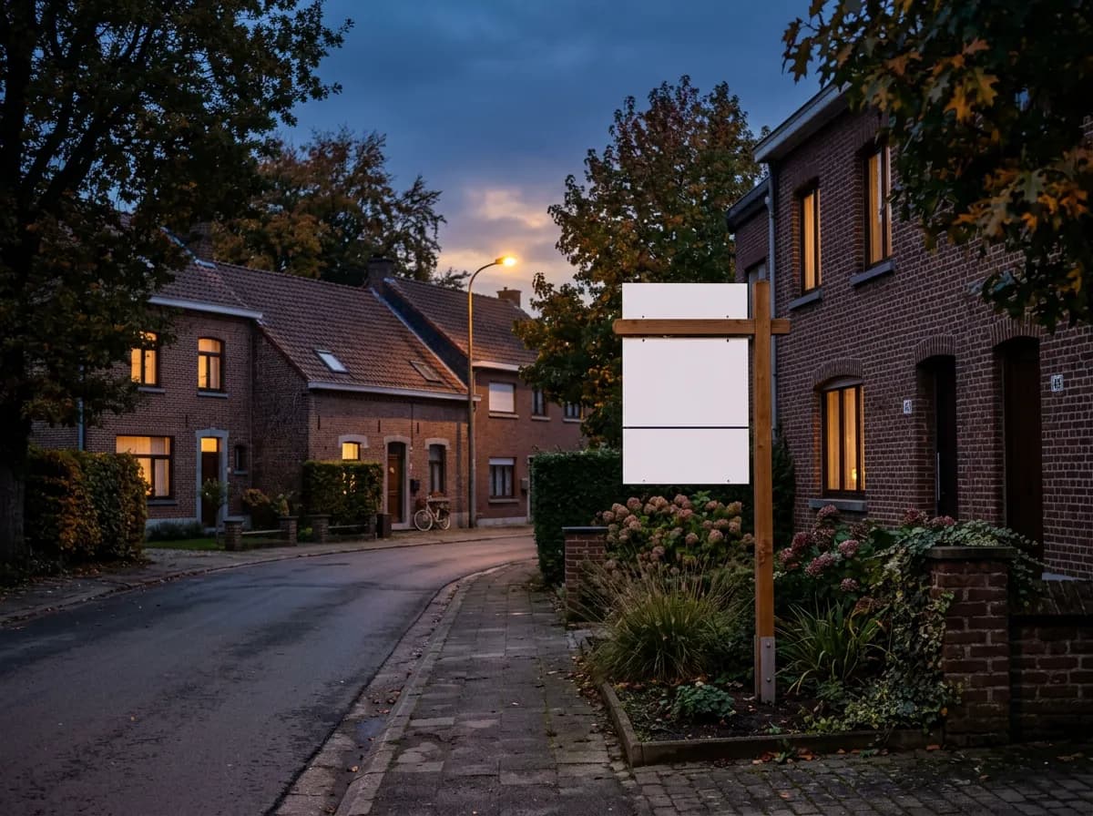 Panneau immobilier devant une maison avec stratégie de relance en cours Panneau immobilier devant une maison avec stratégie de relance en cours
